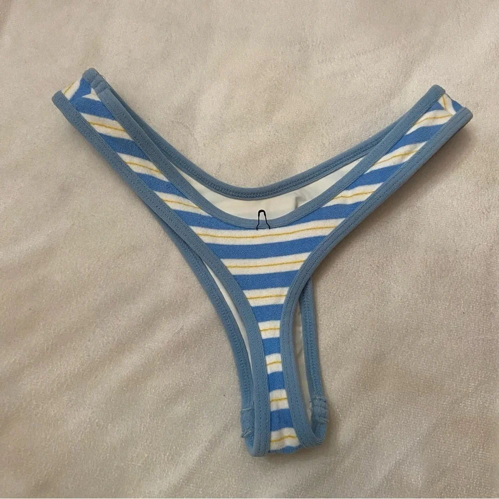 New! Frankie's Bikinis Blue Striped Full Moon Micro Bikini Bottom S 1486